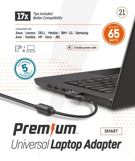 Universele Laptop AC Adapter 65W met 17 tips
